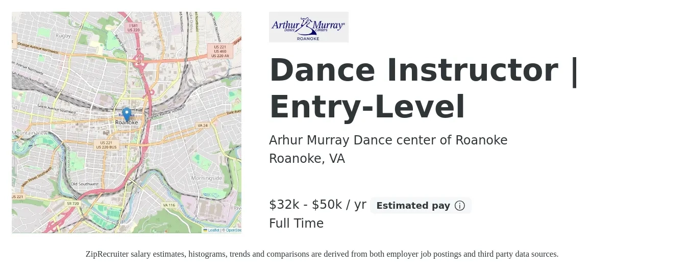 Arhur Murray Dance center of Roanoke job posting for a Dance Instructor | Entry-Level in Roanoke, VA with a salary of $32,000 to $50,000 Yearly with a map of Roanoke location.