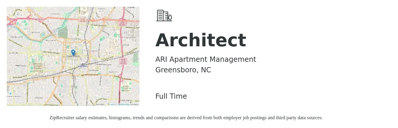 ARI Apartment Management job posting for a Architect in Greensboro, NC with a salary of $80,400 to $107,600 Yearly with a map of Greensboro location.