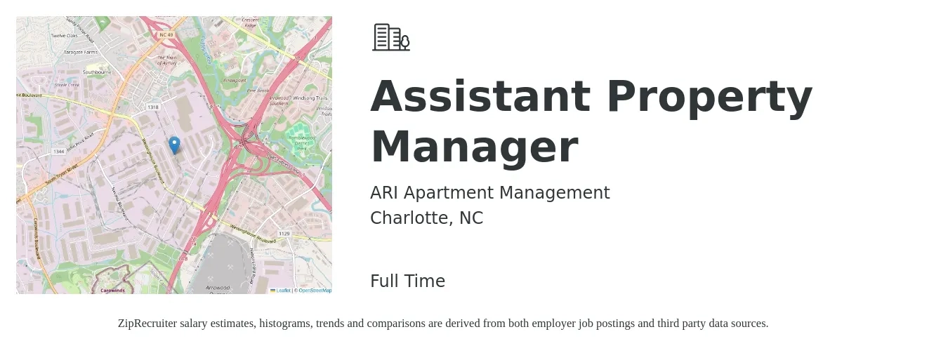 ARI Apartment Management job posting for a Assistant Property Manager in Charlotte, NC with a salary of $18 to $24 Hourly with a map of Charlotte location.