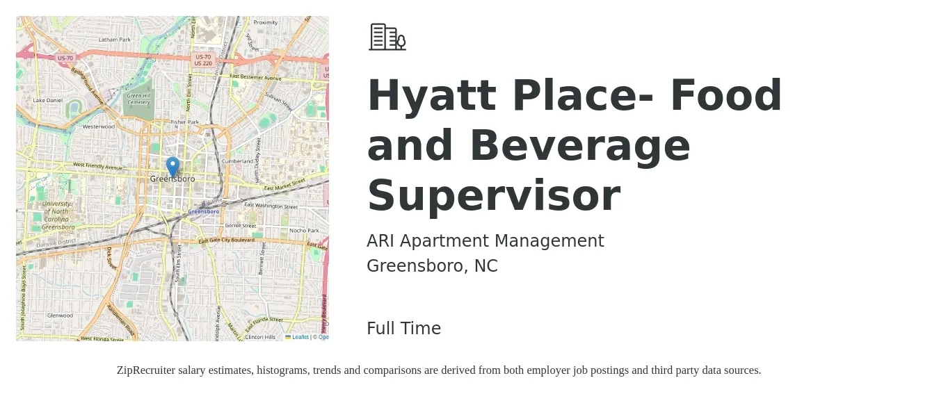 ARI Apartment Management job posting for a Hyatt Place- Food and Beverage Supervisor in Greensboro, NC with a salary of $40,700 to $65,900 Yearly with a map of Greensboro location.