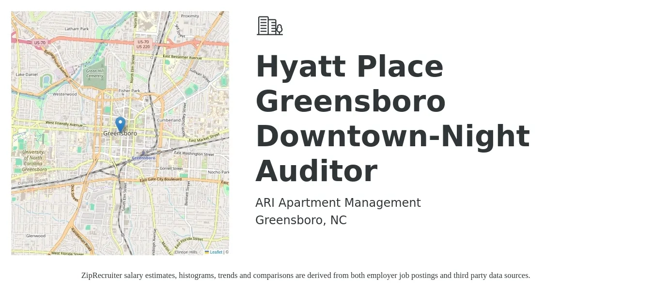 ARI Apartment Management job posting for a Hyatt Place Greensboro Downtown-Night Auditor in Greensboro, NC with a salary of $14 to $20 Hourly with a map of Greensboro location.