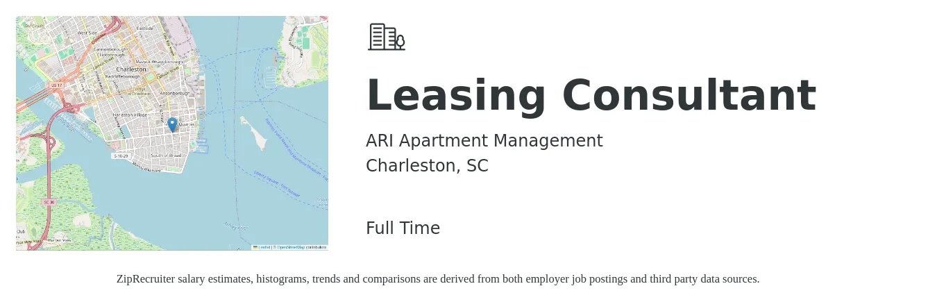 ARI Apartment Management job posting for a Leasing Consultant in Charleston, SC with a salary of $14 to $17 Hourly with a map of Charleston location.