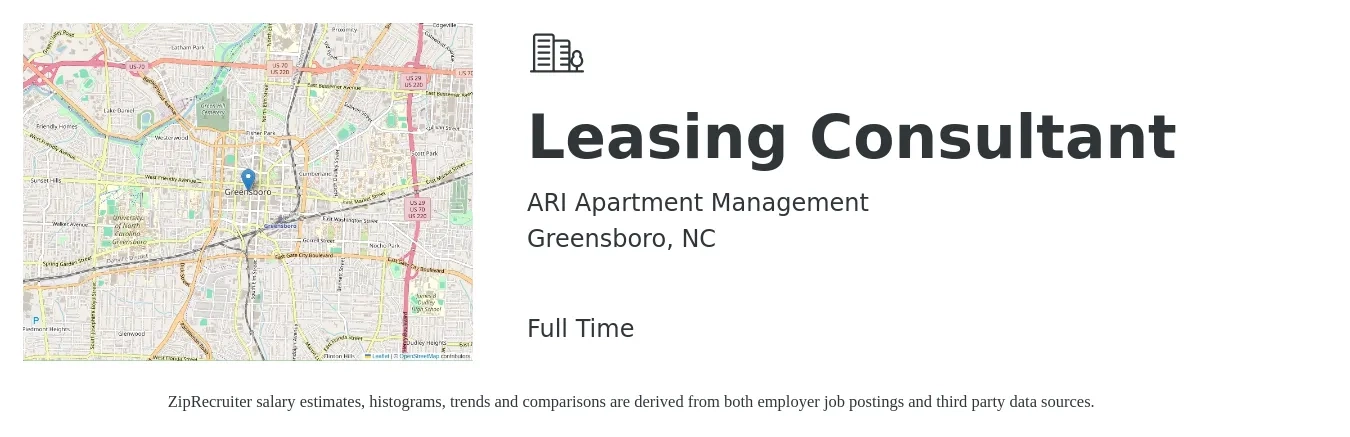ARI Apartment Management job posting for a Leasing Consultant in Greensboro, NC with a salary of $16 to $19 Hourly with a map of Greensboro location.