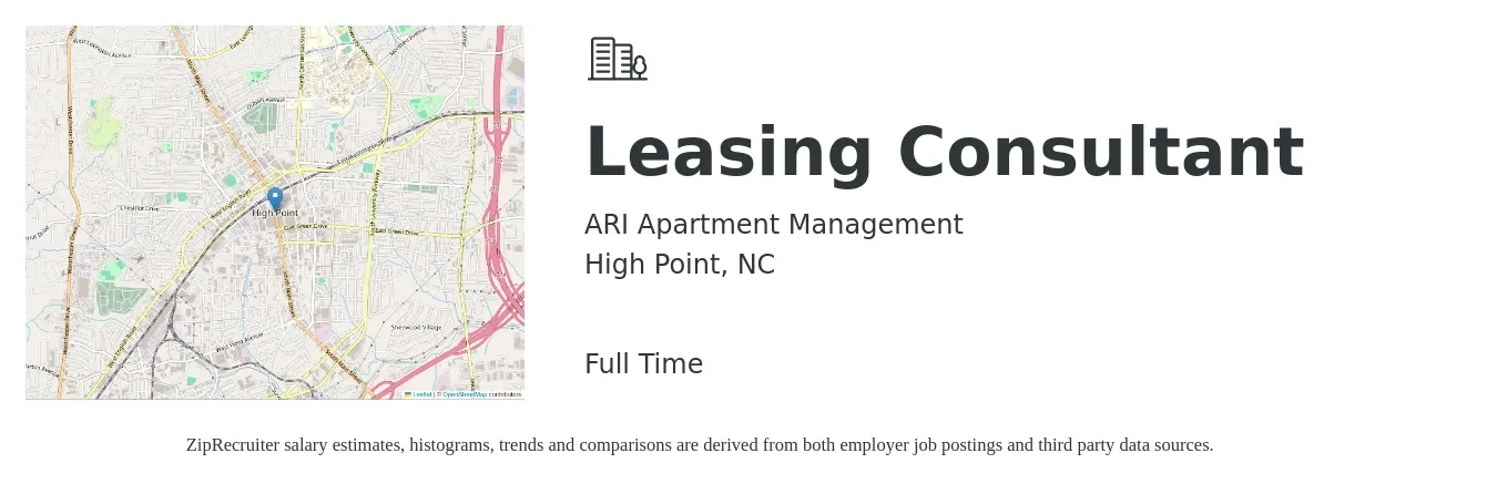 ARI Apartment Management job posting for a Leasing Consultant in High Point, NC with a salary of $15 to $18 Hourly with a map of High Point location.