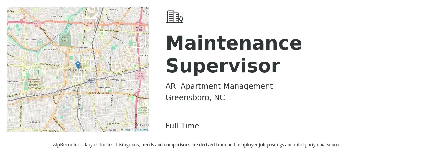 ARI Apartment Management job posting for a Maintenance Supervisor in Greensboro, NC with a salary of $23 to $38 Hourly with a map of Greensboro location.