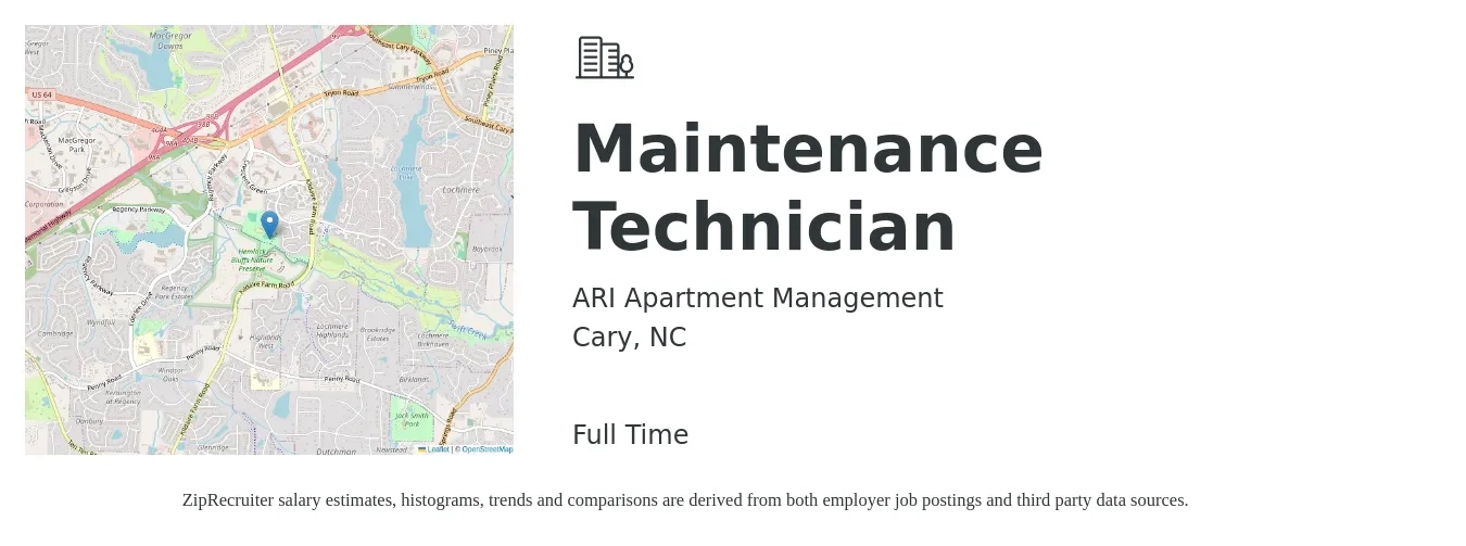 ARI Apartment Management job posting for a Maintenance Technician in Cary, NC with a salary of $17 to $23 Hourly with a map of Cary location.