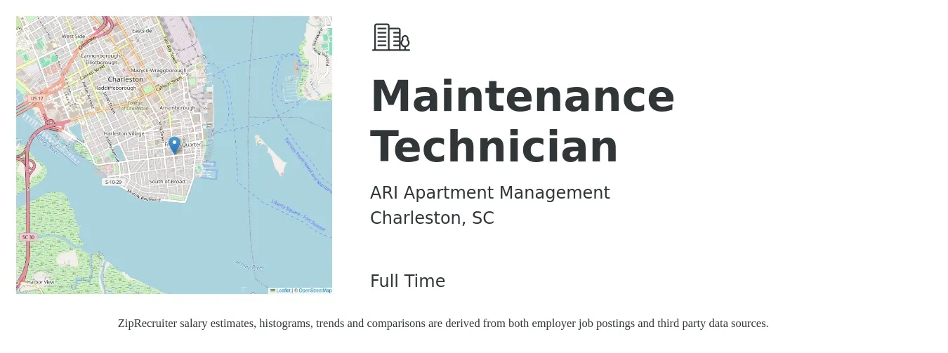 ARI Apartment Management job posting for a Maintenance Technician in Charleston, SC with a salary of $16 to $23 Hourly with a map of Charleston location.