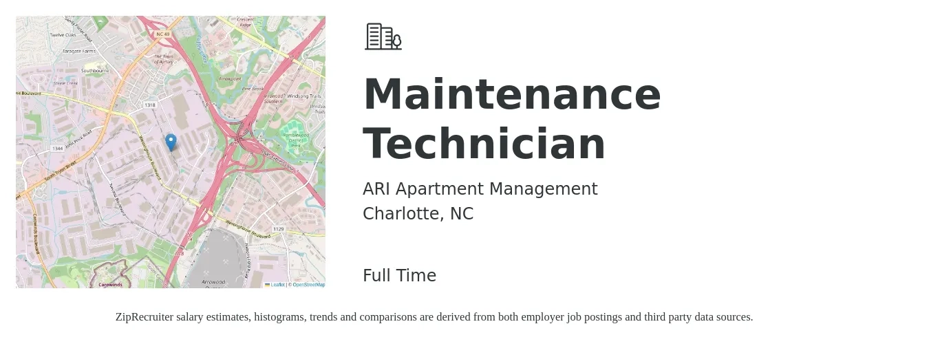 ARI Apartment Management job posting for a Maintenance Technician in Charlotte, NC with a salary of $18 to $25 Hourly with a map of Charlotte location.