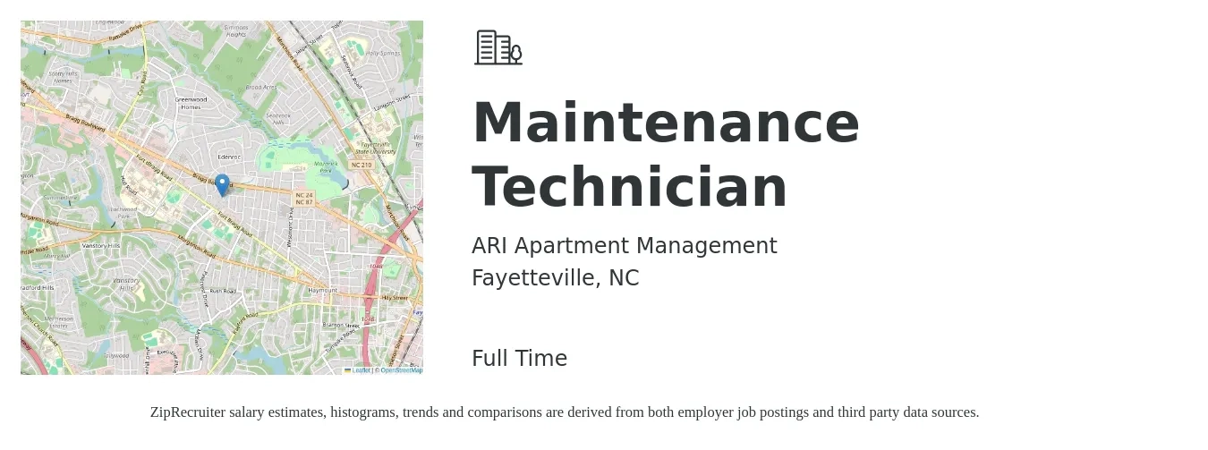 ARI Apartment Management job posting for a Maintenance Technician in Fayetteville, NC with a salary of $18 to $24 Hourly with a map of Fayetteville location.