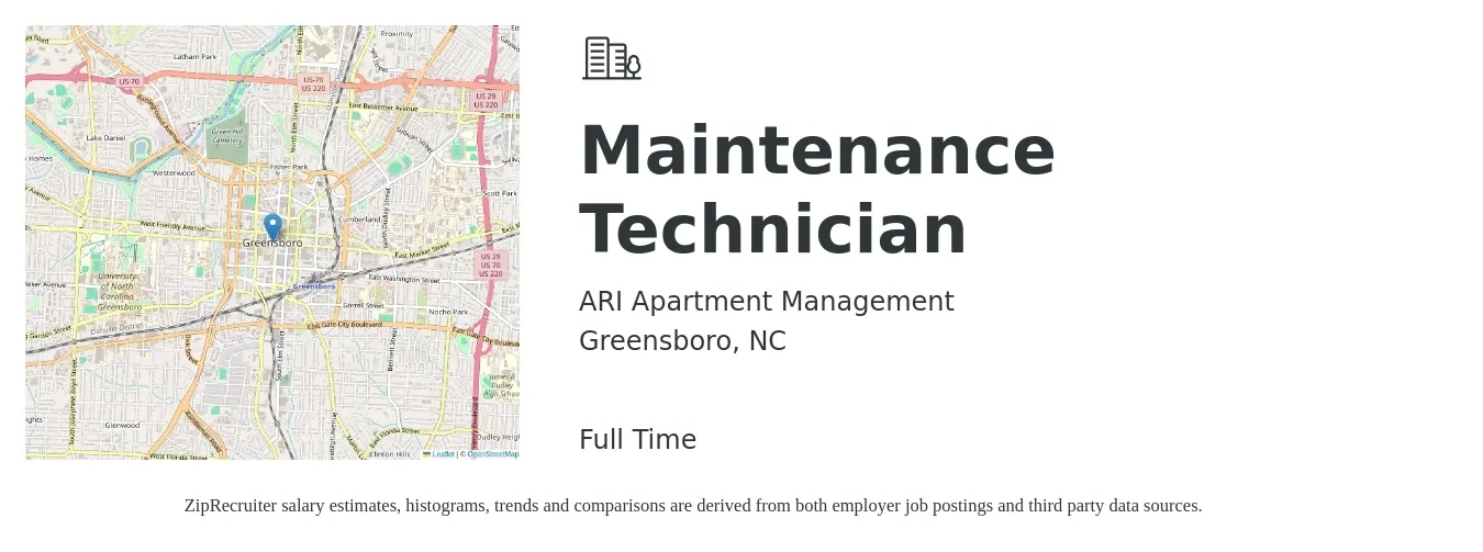 ARI Apartment Management job posting for a Maintenance Technician in Greensboro, NC with a salary of $19 to $26 Hourly with a map of Greensboro location.