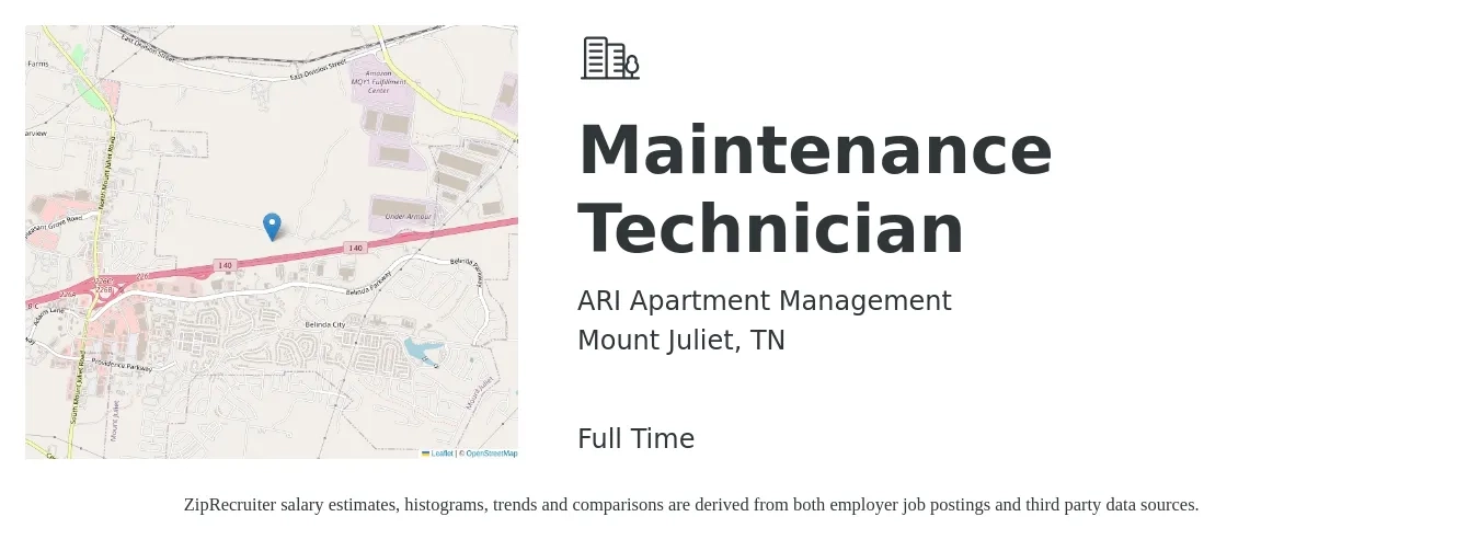 ARI Apartment Management job posting for a Maintenance Technician in Mount Juliet, TN with a salary of $18 to $25 Hourly with a map of Mount Juliet location.