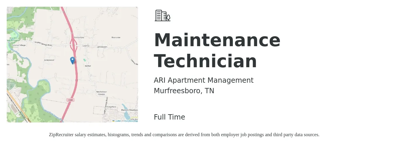 ARI Apartment Management job posting for a Maintenance Technician in Murfreesboro, TN with a salary of $17 to $24 Hourly with a map of Murfreesboro location.
