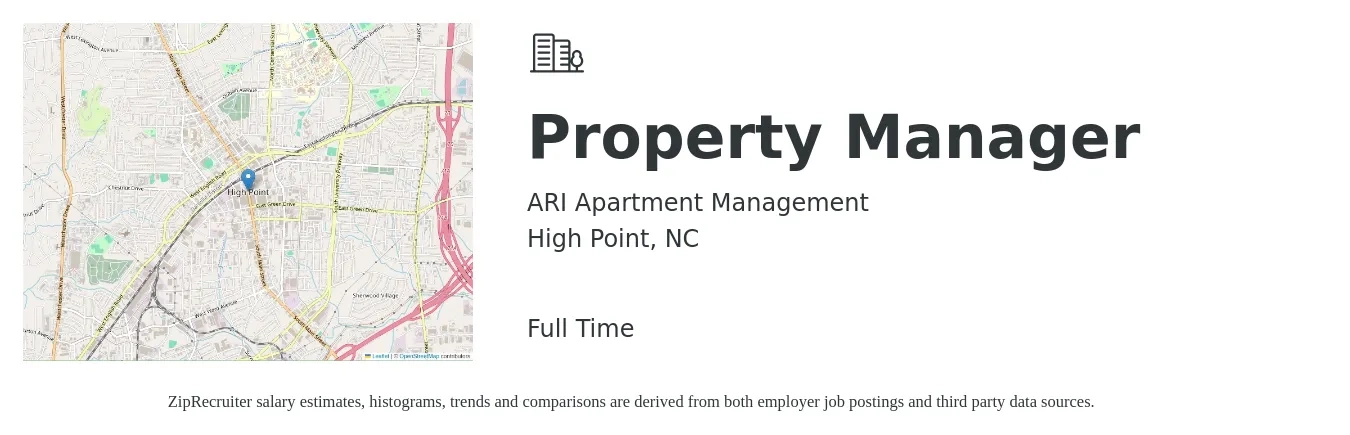 ARI Apartment Management job posting for a Property Manager in High Point, NC with a salary of $39,300 to $60,700 Yearly with a map of High Point location.