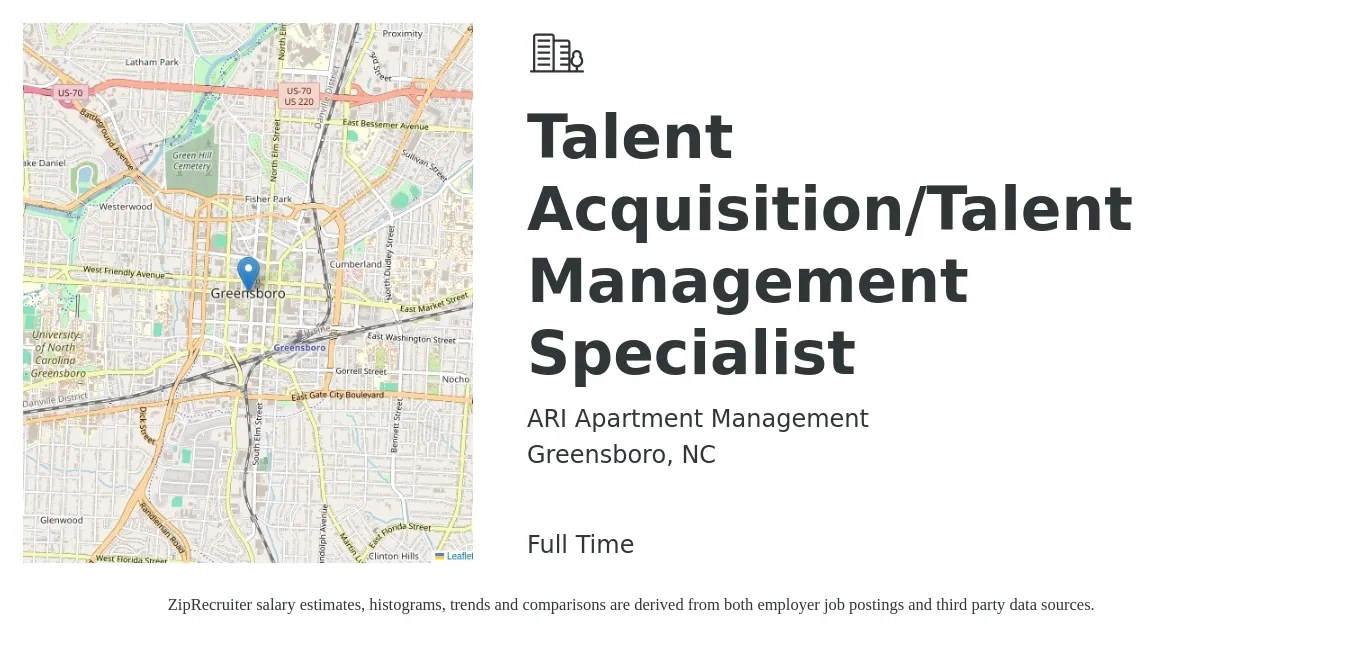ARI Apartment Management job posting for a Talent Acquisition/Talent Management Specialist in Greensboro, NC with a salary of $48,500 to $67,800 Yearly with a map of Greensboro location.