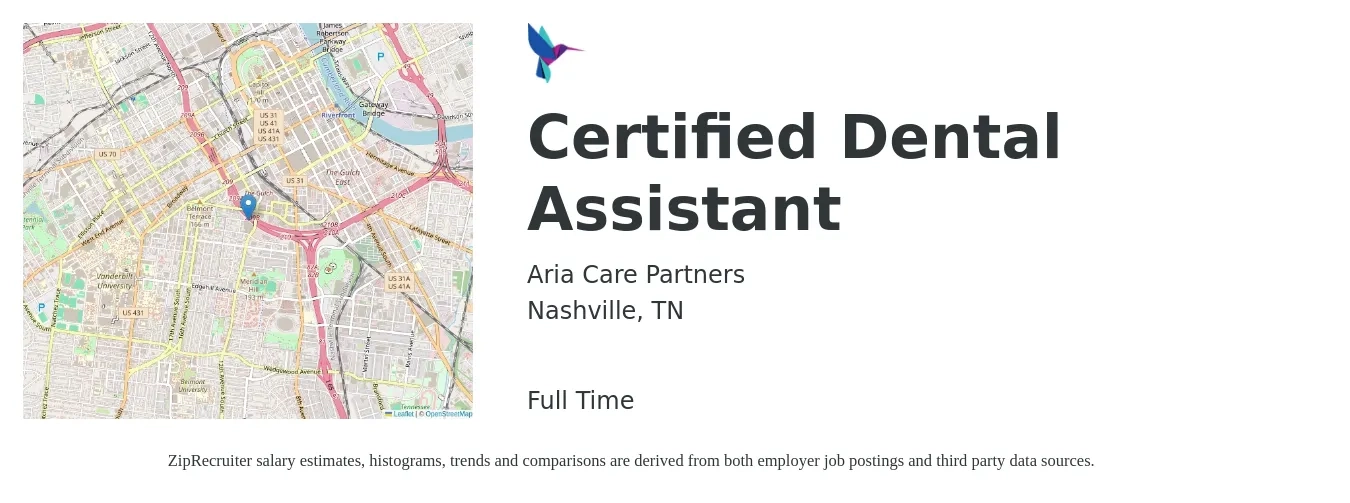 Aria Care Partners job posting for a Certified Dental Assistant in Nashville, TN with a salary of $18 to $26 Hourly with a map of Nashville location.