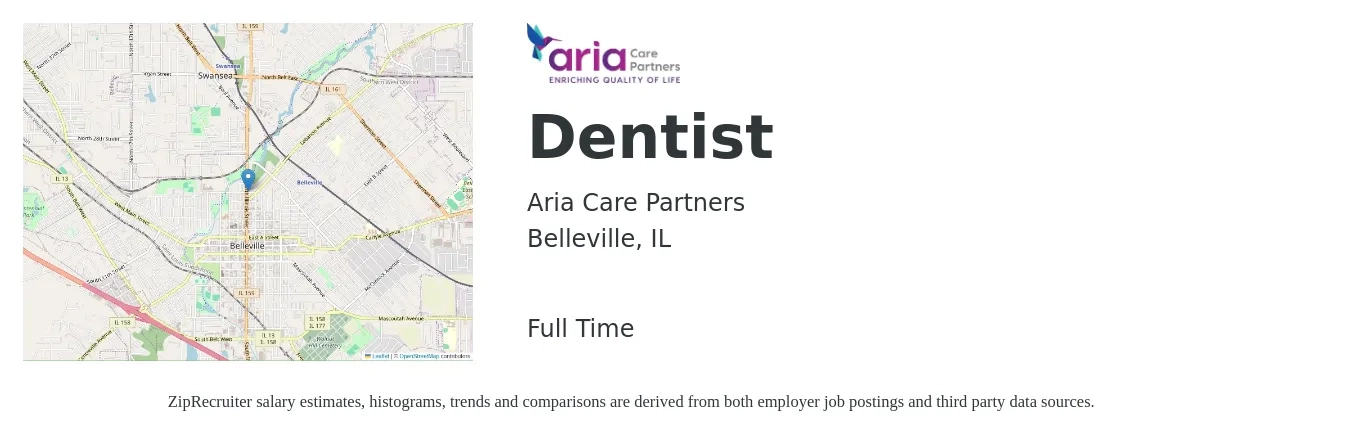 Aria Care Partners job posting for a Dentist in Belleville, IL with a salary of $127,200 to $229,200 Yearly with a map of Belleville location.