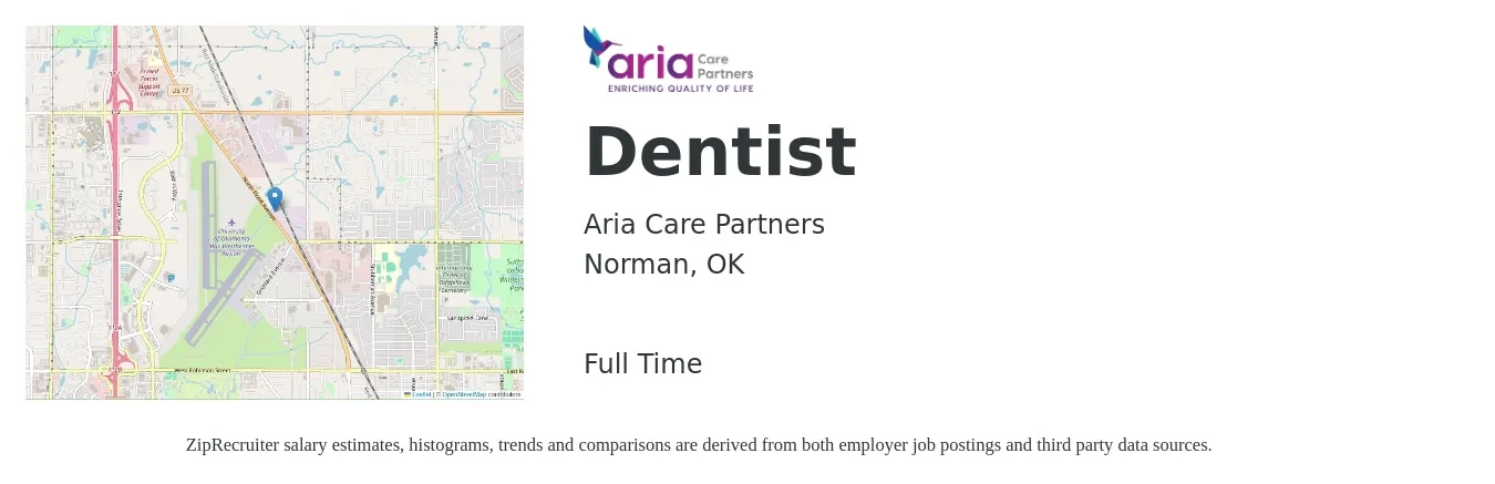Aria Care Partners job posting for a Dentist in Norman, OK with a salary of $114,400 to $206,200 Yearly with a map of Norman location.