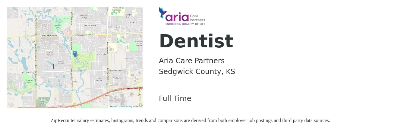 Aria Care Partners job posting for a Dentist in Sedgwick County, KS with a salary of $100,700 to $181,400 Yearly with a map of Sedgwick County location.