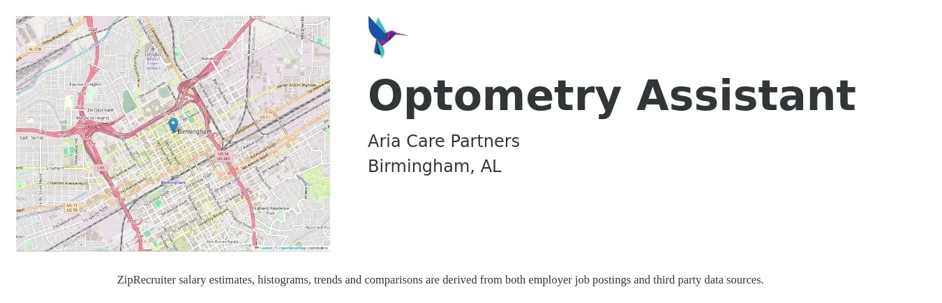 Aria Care Partners job posting for a Optometry Assistant in Birmingham, AL with a salary of $15 to $18 Hourly with a map of Birmingham location.