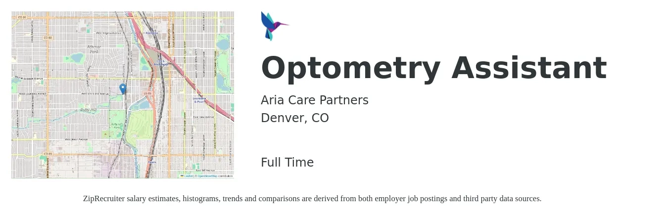 Aria Care Partners job posting for a Optometry Assistant in Denver, CO with a salary of $16 to $20 Hourly with a map of Denver location.