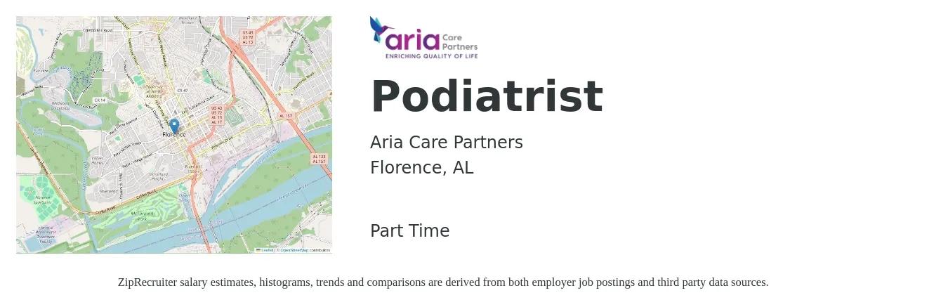 Aria Care Partners job posting for a Podiatrist in Florence, AL with a salary of $103,700 to $157,100 Yearly with a map of Florence location.