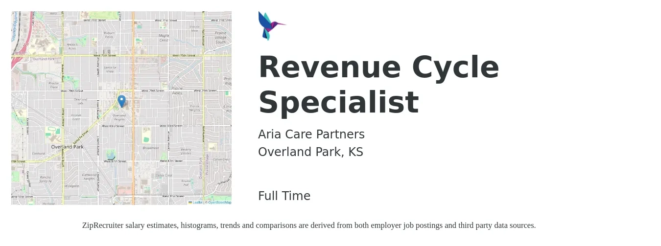 Aria Care Partners job posting for a Revenue Cycle Specialist in Overland Park, KS with a salary of $49,400 to $82,000 Yearly with a map of Overland Park location.