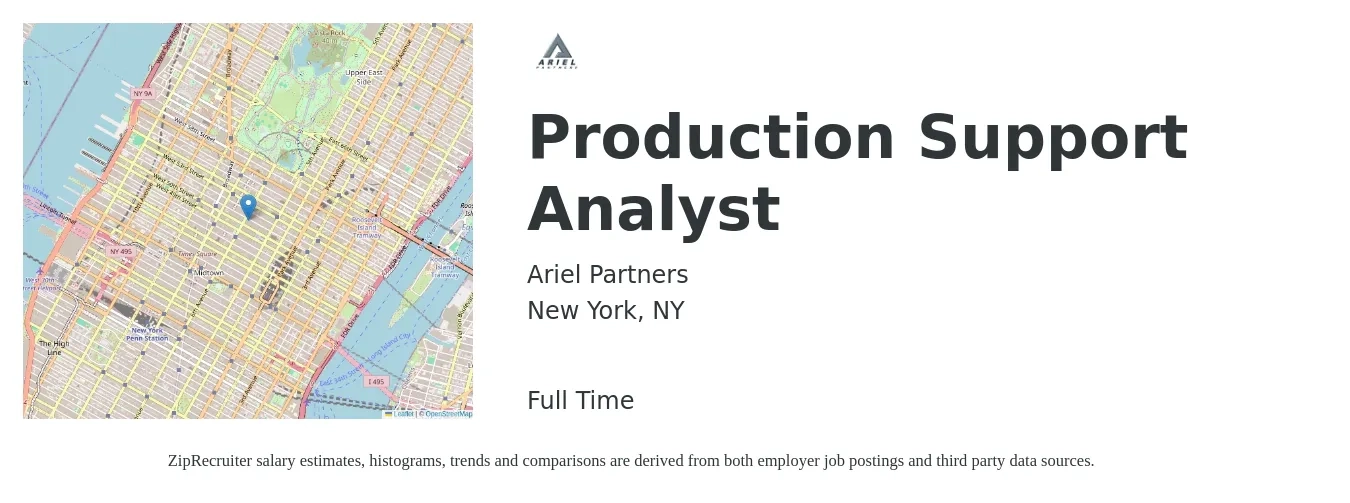 Ariel Partners job posting for a Production Support Analyst in New York, NY with a salary of $38 to $66 Hourly with a map of New York location.
