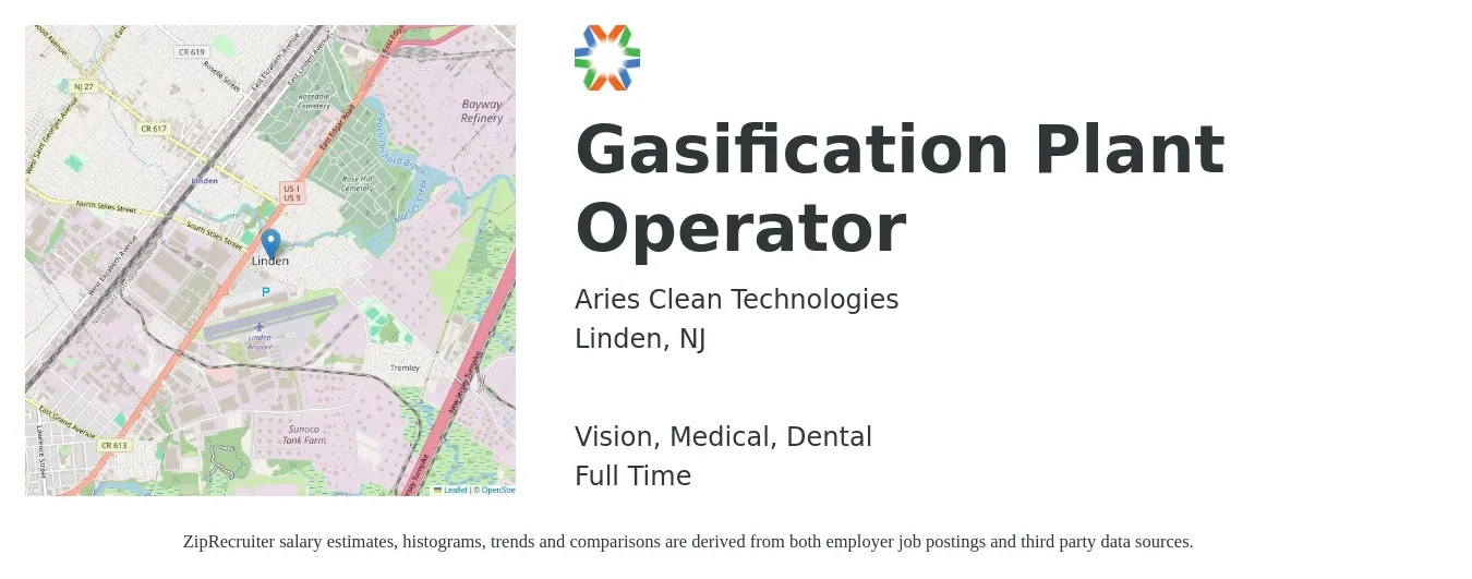 Aries Clean Technologies job posting for a Gasification Plant Operator in Linden, NJ with a salary of $18 to $27 Hourly and benefits including life_insurance, medical, pto, retirement, vision, and dental with a map of Linden location.
