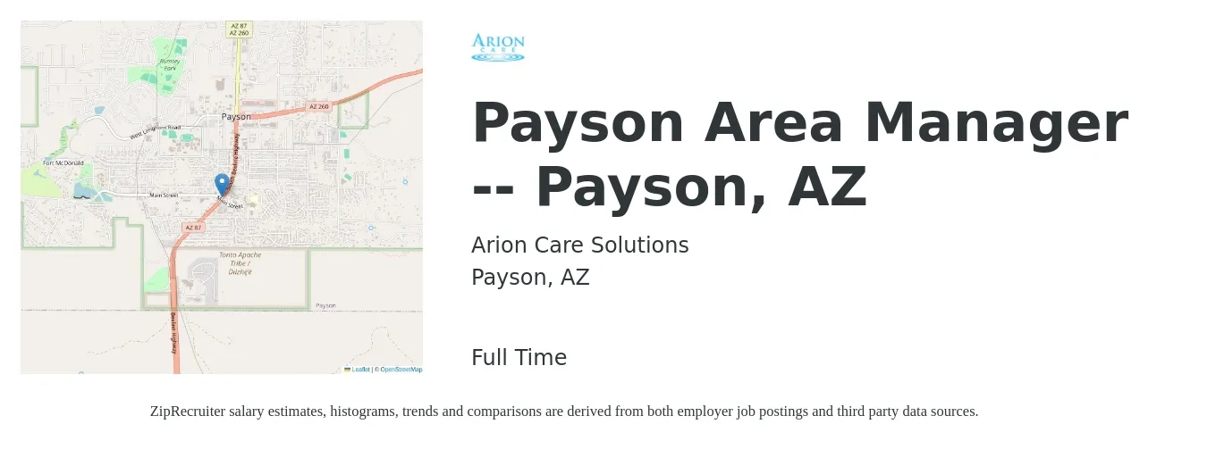 Arion Care Solutions job posting for a Payson Area Manager -- Payson, AZ in Payson, AZ with a salary of $35,600 to $66,000 Yearly with a map of Payson location.