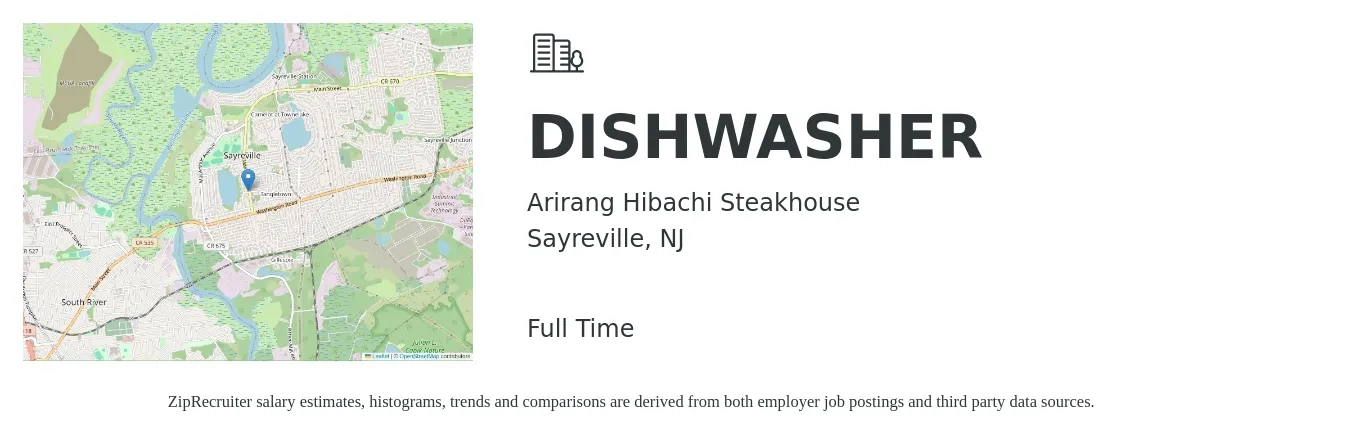 Arirang Hibachi Steakhouse job posting for a DISHWASHER in Sayreville, NJ with a salary of $14 to $18 Hourly with a map of Sayreville location.