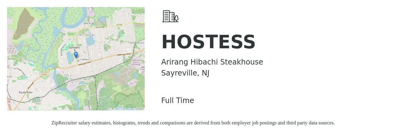 Arirang Hibachi Steakhouse job posting for a HOSTESS in Sayreville, NJ with a salary of $12 to $18 Hourly with a map of Sayreville location.