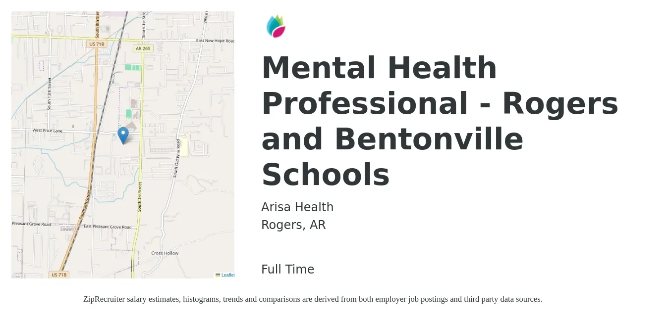 Arisa Health job posting for a Mental Health Professional - Rogers and Bentonville Schools in Rogers, AR with a salary of $47,800 to $62,300 Yearly with a map of Rogers location.