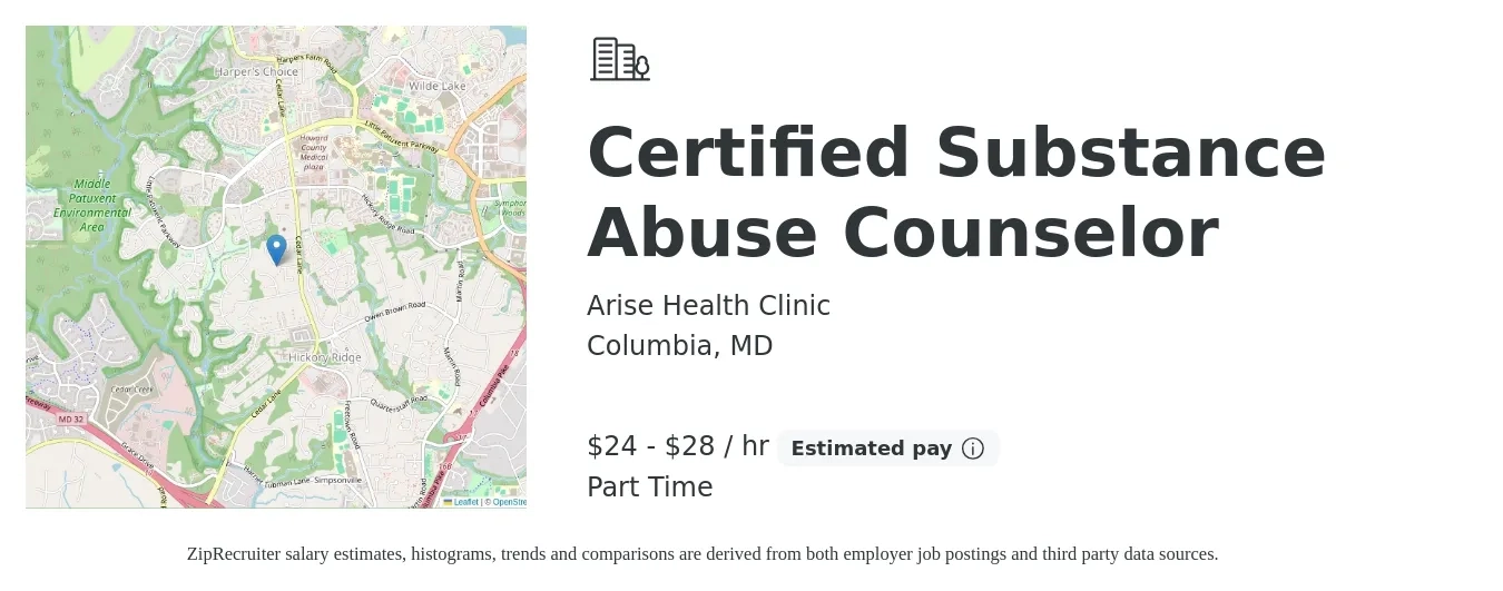 Arise Health Clinic job posting for a Certified Substance Abuse Counselor in Columbia, MD with a salary of $25 to $30 Hourly with a map of Columbia location.