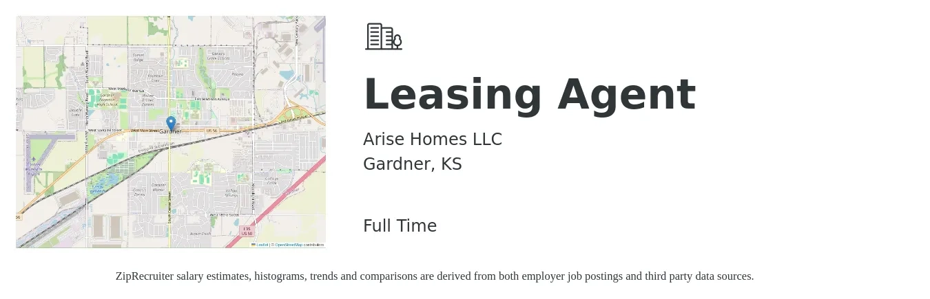 Arise Homes LLC job posting for a Leasing Agent in Gardner, KS with a salary of $40 Hourly with a map of Gardner location.
