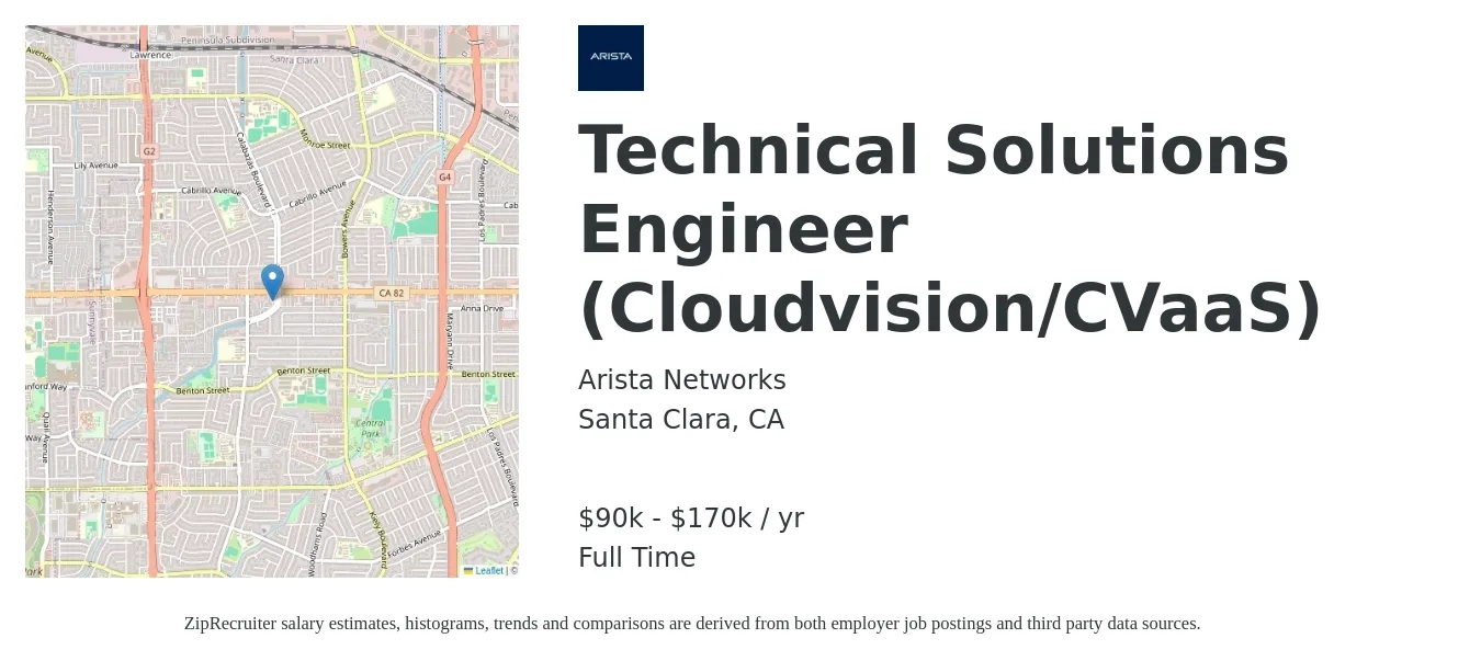 Arista Networks job posting for a Technical Solutions Engineer (Cloudvision/CVaaS) in Santa Clara, CA with a salary of $90,000 to $170,000 Yearly with a map of Santa Clara location.