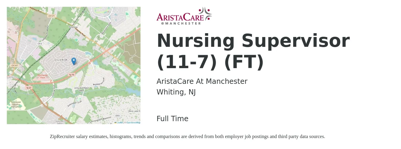 AristaCare At Manchester job posting for a Nursing Supervisor (11-7) (FT) in Whiting, NJ with a salary of $43 to $63 Hourly with a map of Whiting location.