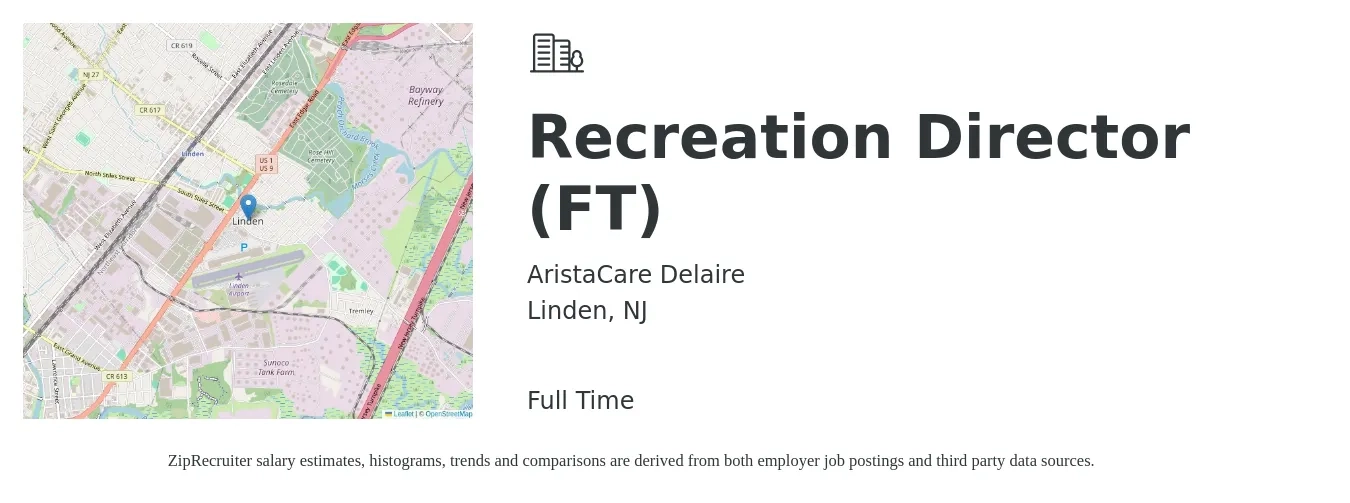 AristaCare Delaire job posting for a Recreation Director (FT) in Linden, NJ with a salary of $48,600 to $94,500 Yearly with a map of Linden location.