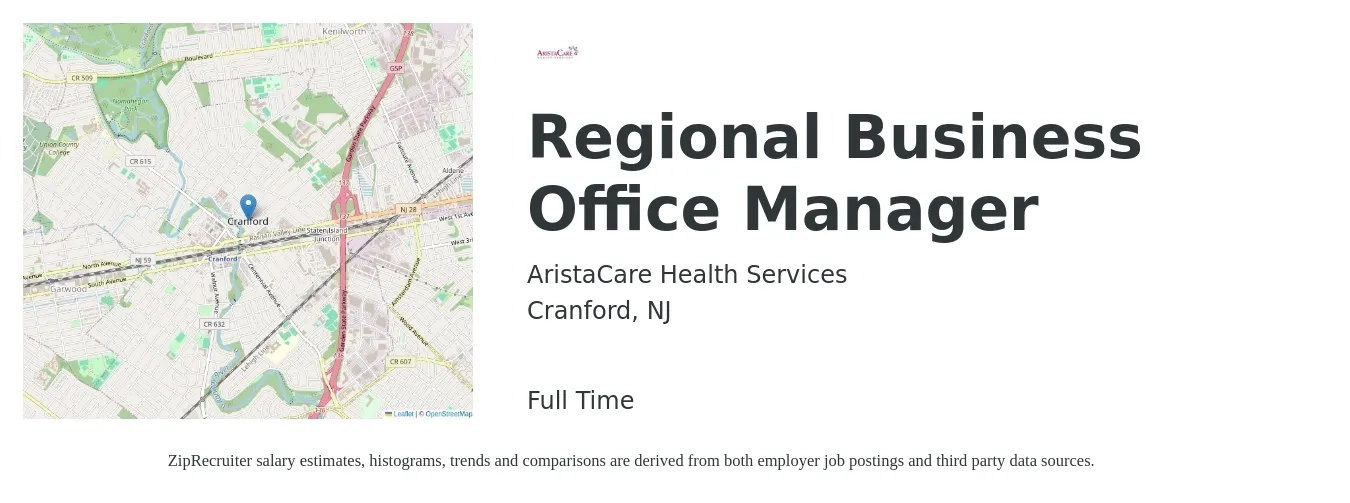 AristaCare Health Services job posting for a Regional Business Office Manager in Cranford, NJ with a salary of $24 to $34 Hourly with a map of Cranford location.