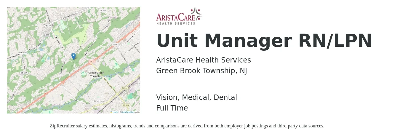 AristaCare Health Services job posting for a Unit Manager RN/LPN in Green Brook Township, NJ with a salary of $41 to $54 Hourly and benefits including dental, life_insurance, medical, pto, and vision with a map of Green Brook Township location.