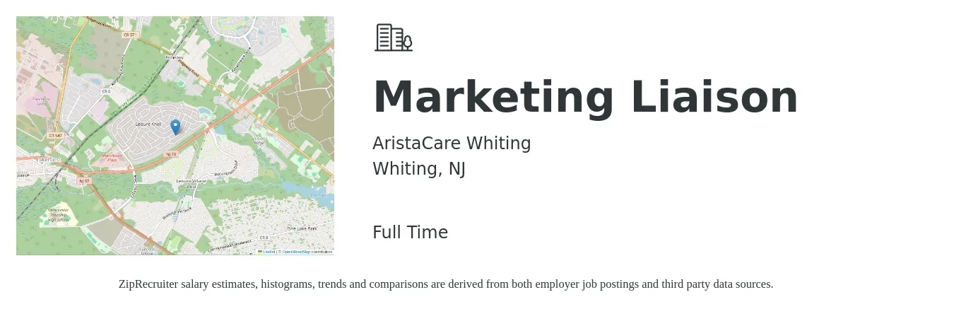 AristaCare Whiting job posting for a Marketing Liaison in Whiting, NJ with a salary of $52,700 to $81,500 Yearly with a map of Whiting location.