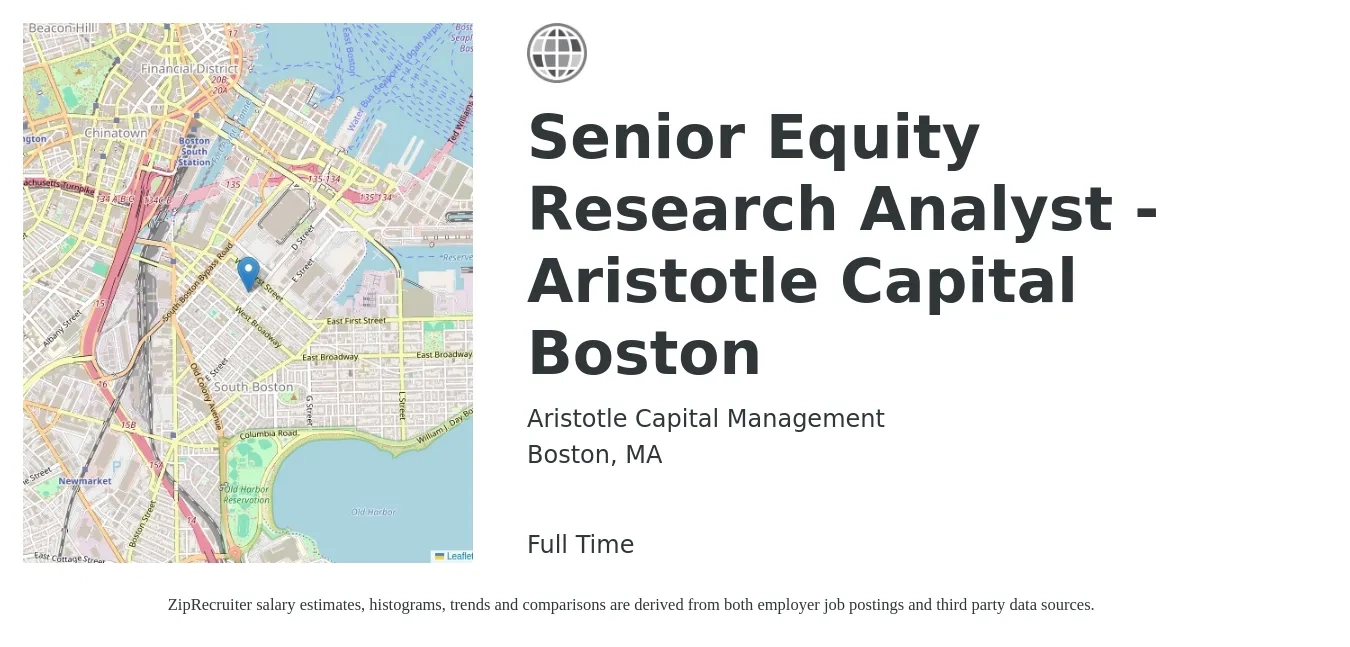 Aristotle Capital Management job posting for a Senior Equity Research Analyst - Aristotle Capital Boston in Boston, MA with a salary of $125,600 to $126,200 Yearly with a map of Boston location.