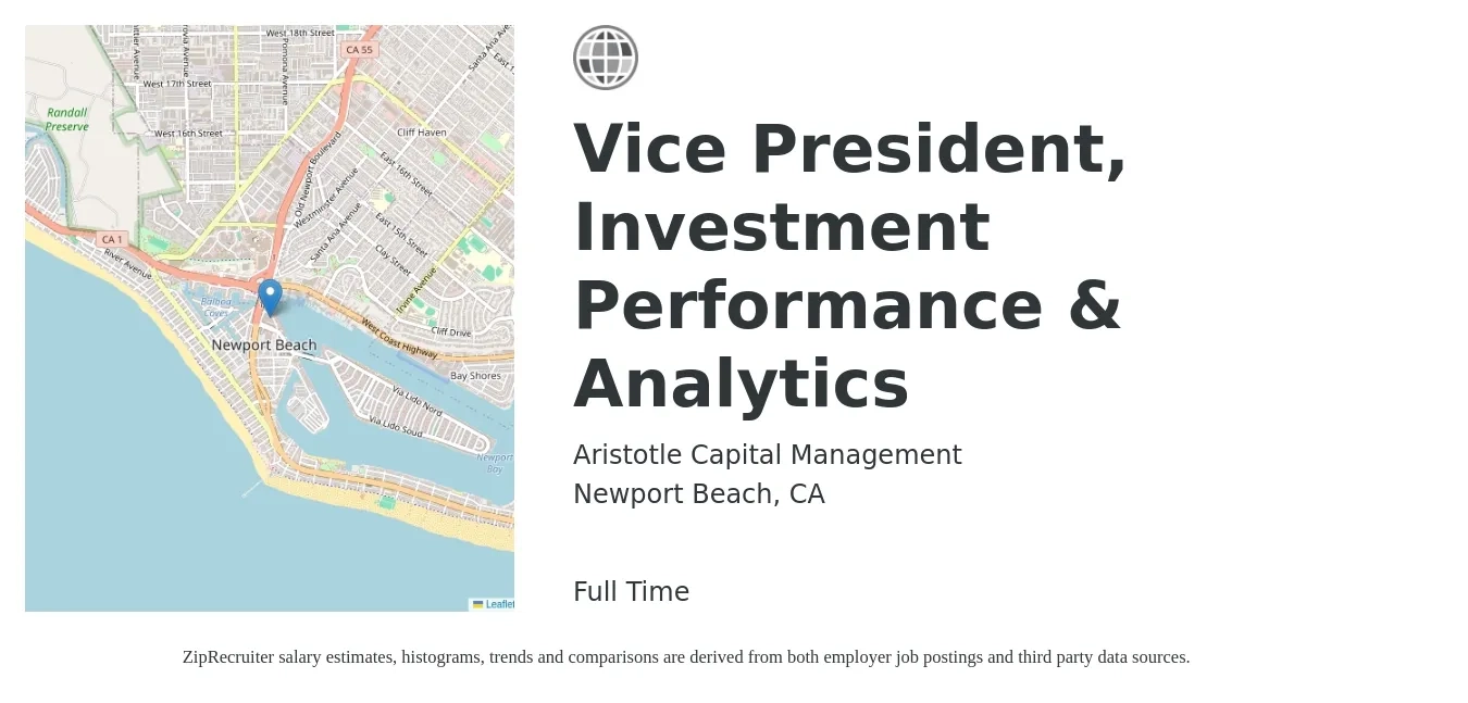 Aristotle Capital Management job posting for a Vice President, Investment Performance & Analytics in Newport Beach, CA with a salary of $150,000 to $190,000 Yearly with a map of Newport Beach location.
