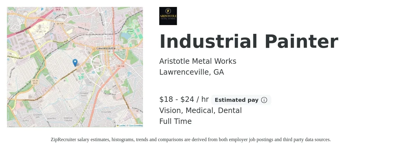 Aristotle Metal Works job posting for a Industrial Painter in Lawrenceville, GA with a salary of $19 to $25 Hourly and benefits including medical, pto, retirement, vision, dental, and life_insurance with a map of Lawrenceville location.