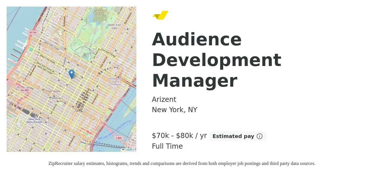 Arizent job posting for a Audience Development Manager in New York, NY with a salary of $70,000 to $80,000 Yearly with a map of New York location.