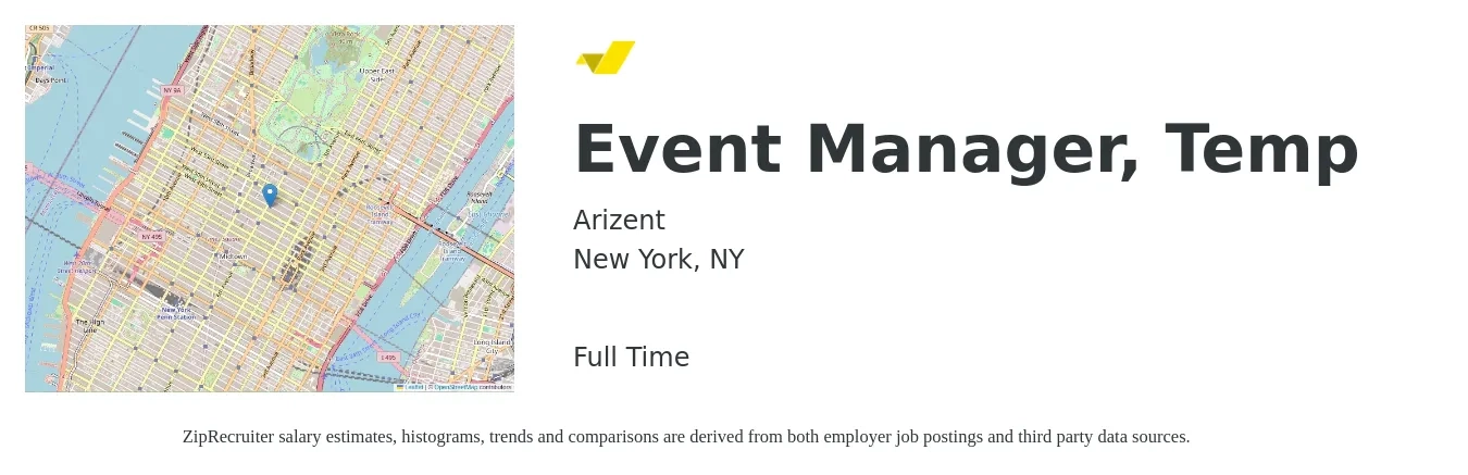Arizent job posting for a Event Manager, Temp in New York, NY with a salary of $3,412 to $3,790 Monthly with a map of New York location.