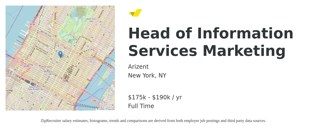 Arizent job posting for a Head of Information Services Marketing in New York, NY with a salary of $175,000 to $190,000 Yearly with a map of New York location.