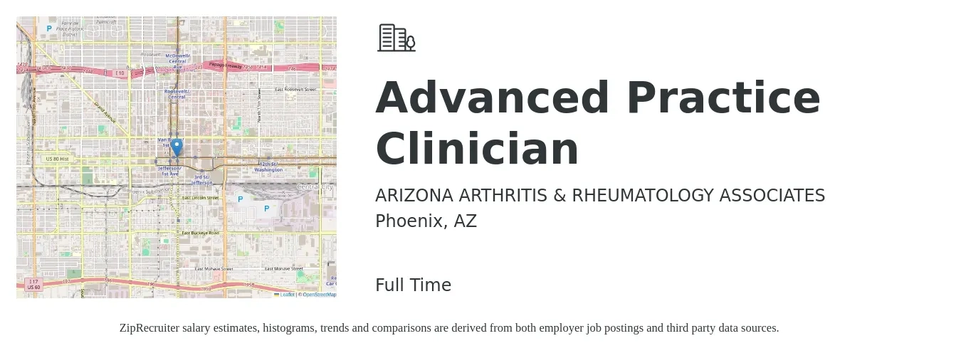 ARIZONA ARTHRITIS & RHEUMATOLOGY ASSOCIATES job posting for a Advanced Practice Clinician in Phoenix, AZ with a salary of $18 to $28 Hourly with a map of Phoenix location.