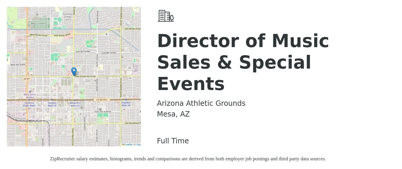 Arizona Athletic Grounds job posting for a Director of Music Sales & Special Events in Mesa, AZ with a salary of $59,500 to $88,800 Yearly with a map of Mesa location.