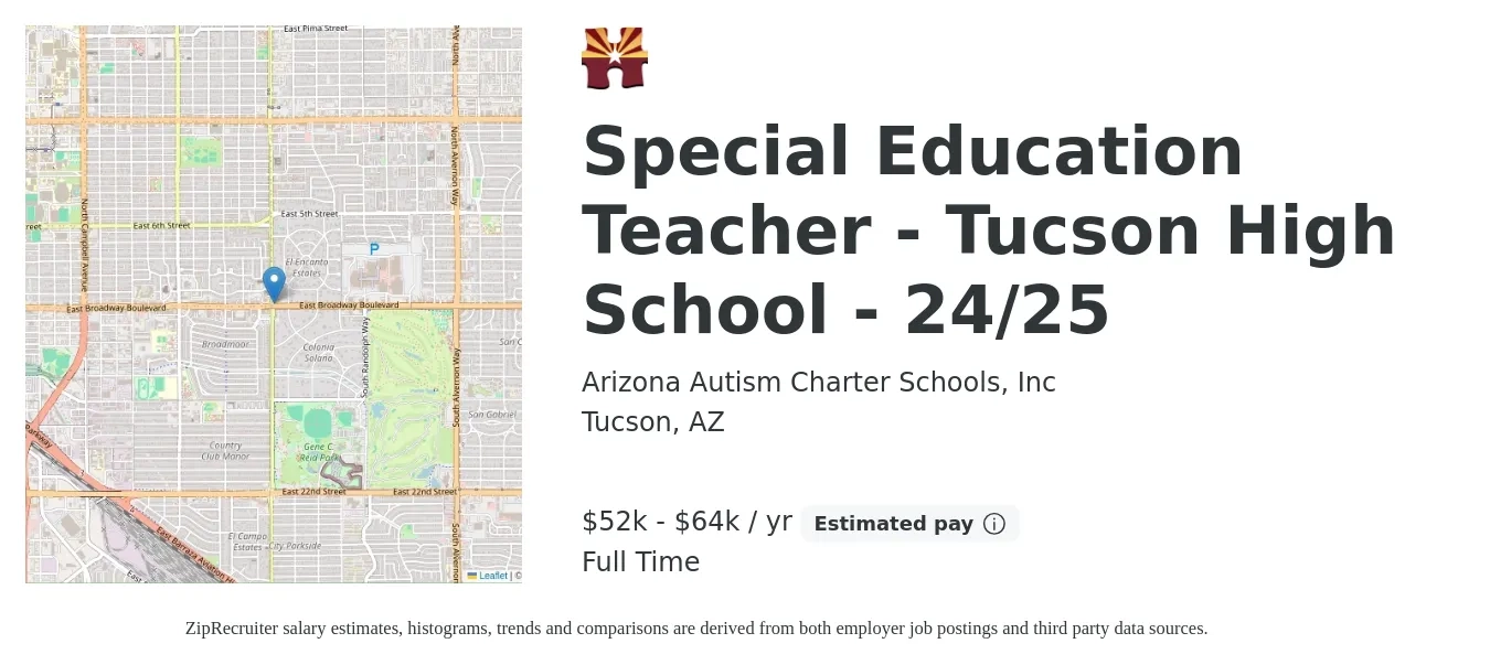 Arizona Autism Charter Schools, Inc job posting for a Special Education Teacher - Tucson High School - 24/25 in Tucson, AZ with a salary of $52,000 to $64,000 Yearly with a map of Tucson location.