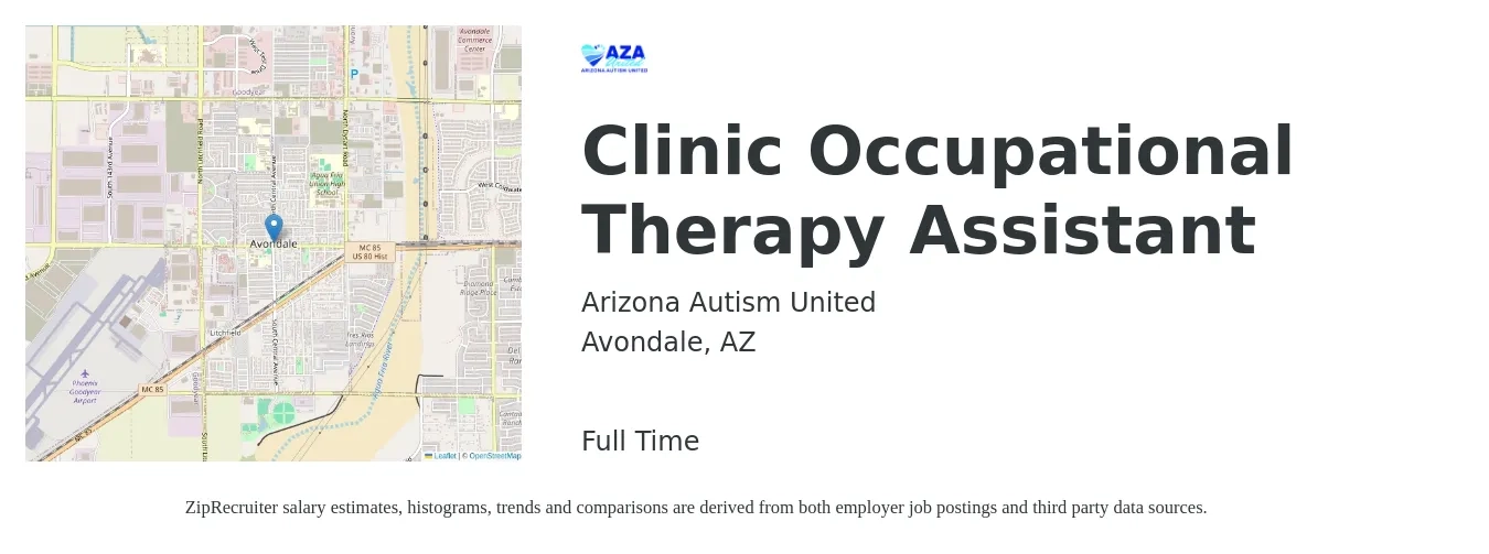 Arizona Autism United job posting for a Clinic Occupational Therapy Assistant in Avondale, AZ with a salary of $30 to $40 Hourly with a map of Avondale location.